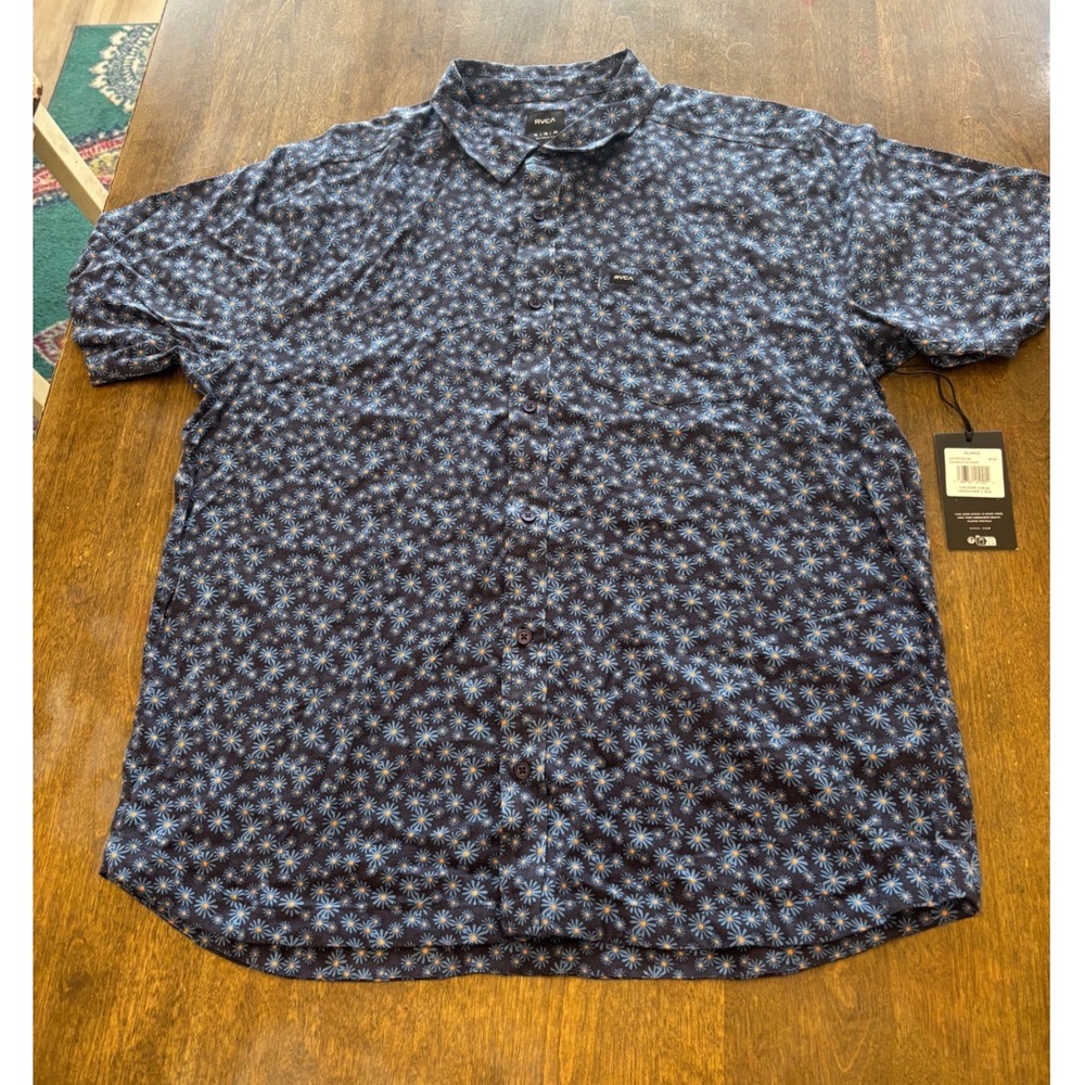 RVCA Mens Cosmos SS Shirt Blue Floral Starburst Button Down UVYWT00185 XL